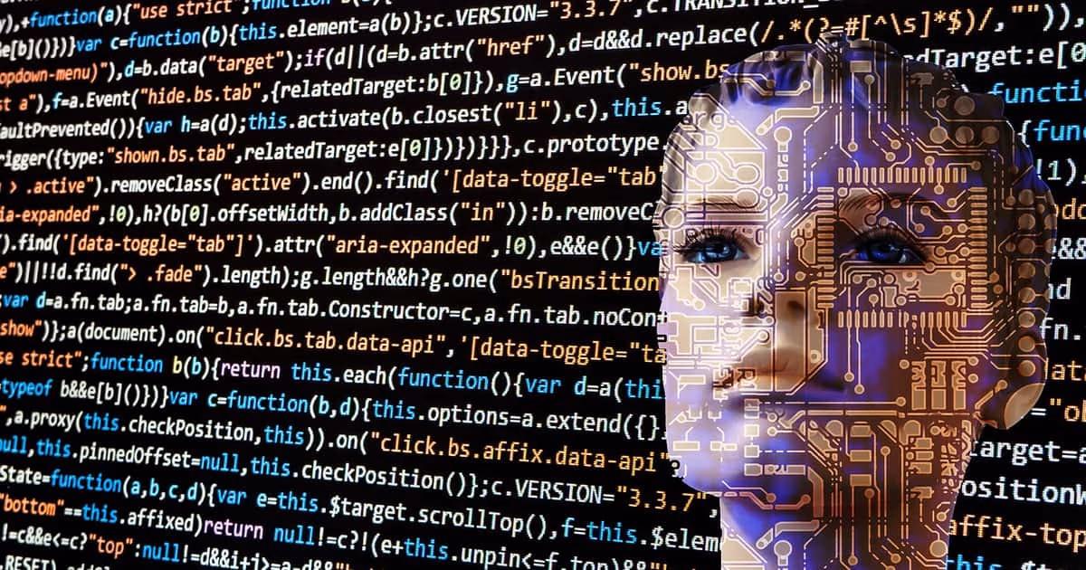 Digital face made of circuits over lines of code, representing the difference between an AI agent and a chatbot