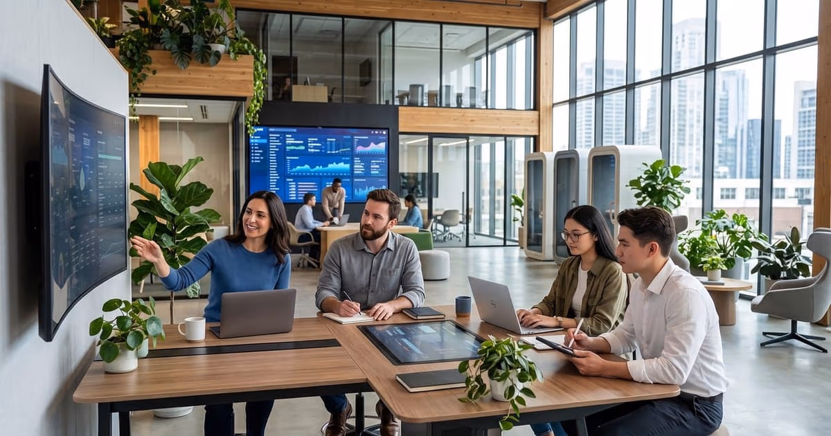 Small team meeting around a table in a bright office, representing all-in-one CRM software for running sales and operations