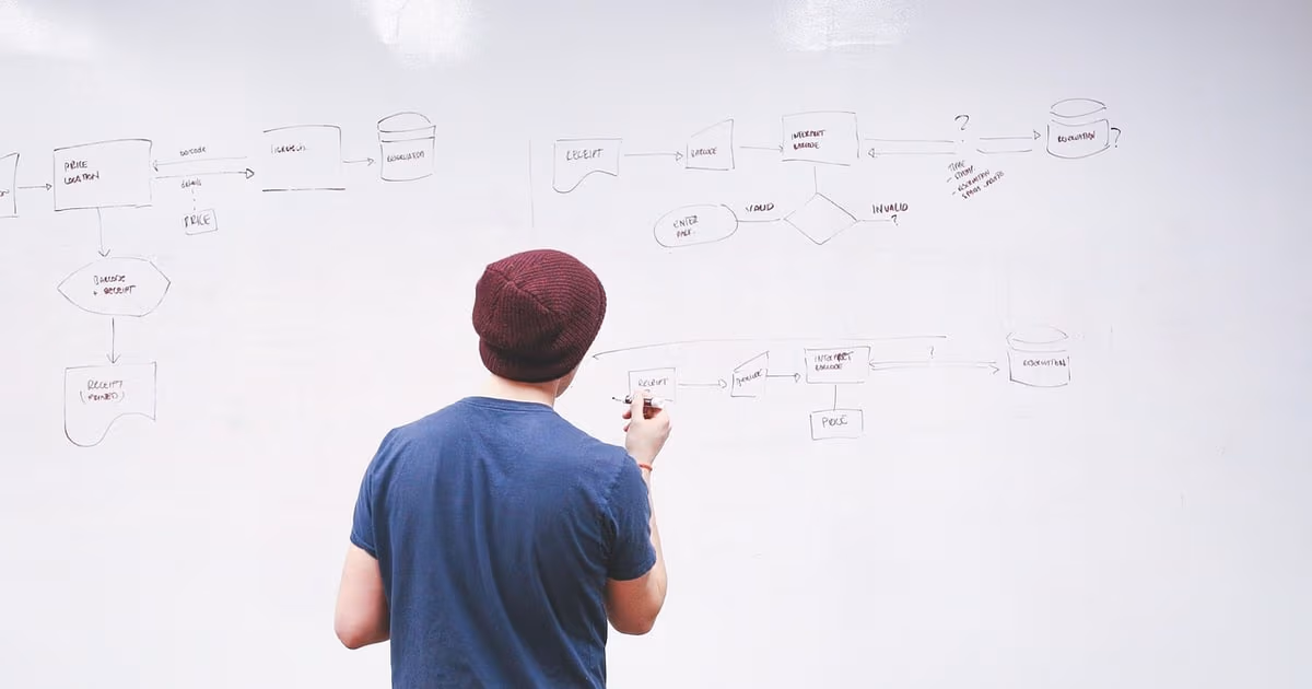 Person sketching an automation flowchart on a whiteboard, representing a switch from Make.com scenarios to a simpler tool