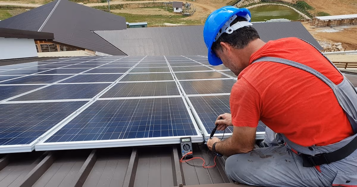 Solar installer fitting photovoltaic panels onto a residential roof on a clear day